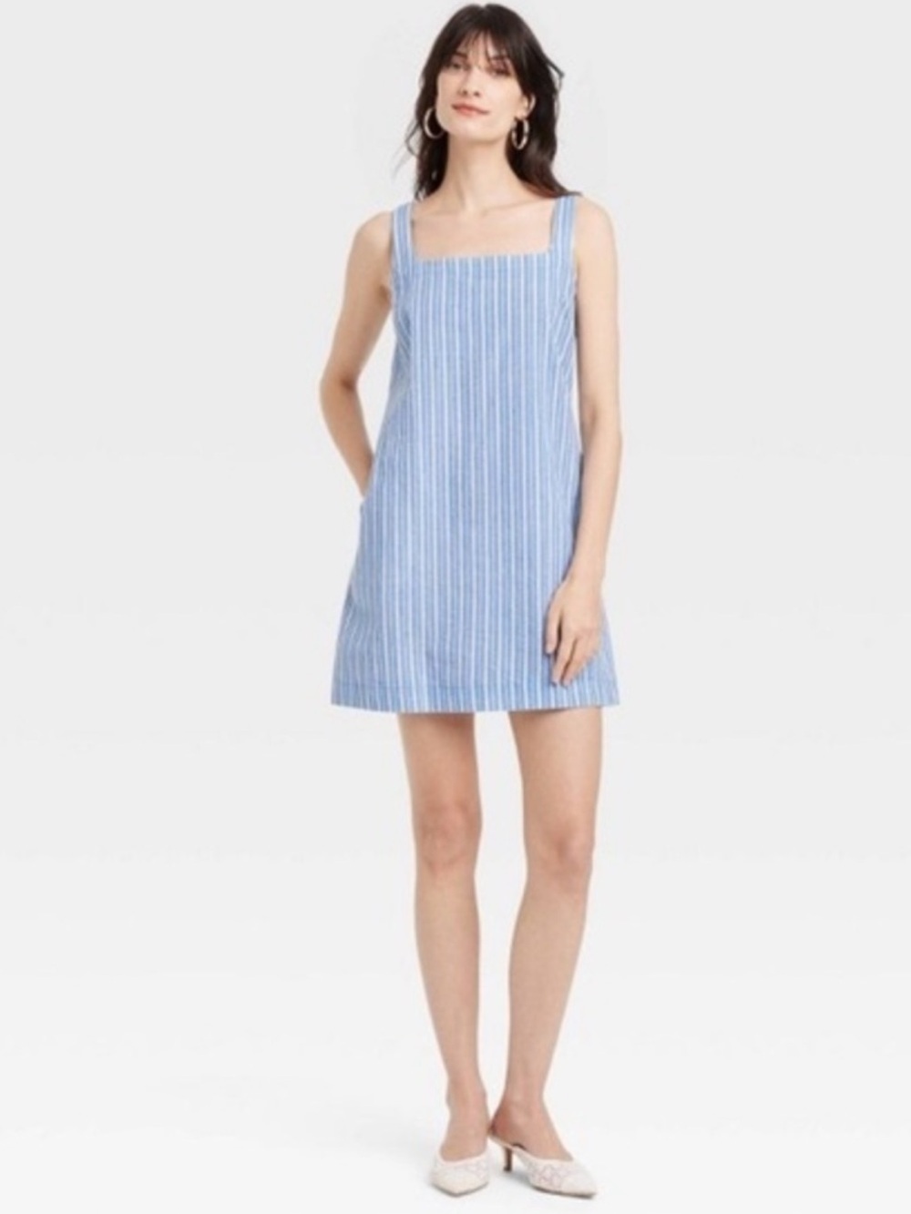 New Day Blue White Striped Square Neck
Linen Blend Mini Dress Pockets  X-Large
